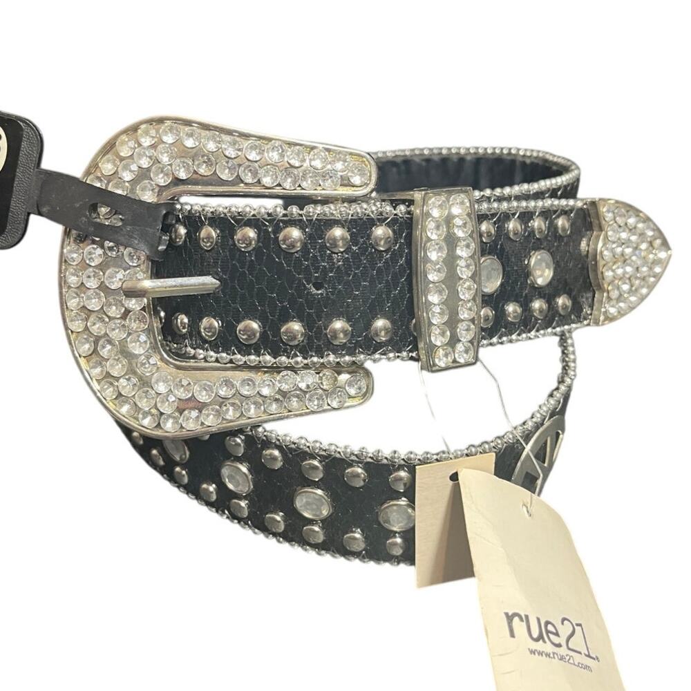 Y2K Rue 21 Womens L Western Rhinestone Faux Leather Bling Belt Black‎ NWT Grunge